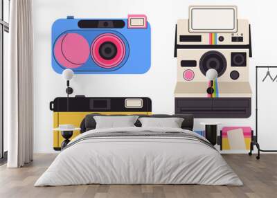 Retro film photo camera isolated on white background. Old vintage analog disposable photo camera. Hand-drawn colored flat vector illustration Wall mural