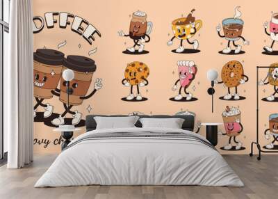 Retro groovy set with coffee mascot, cartoon characters, funny colorful doodle style characters, cappuccino, cocoa, latte, espresso and americano. Vector illustration on beige isolated background. Wall mural