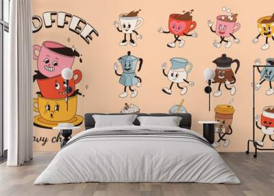 Retro groovy set with coffee mascot, cartoon characters, funny colorful doodle style characters, cappuccino, cocoa, latte, espresso and americano. Vector illustration on beige isolated background. Wall mural