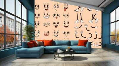 set of 70s groovy comic faces vector. collection of cartoon character faces, leg, hand in different  Wall mural