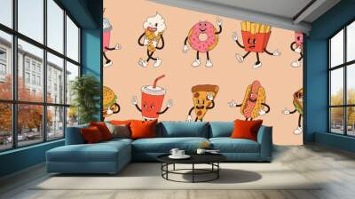 Set of fast food retro groovy cartoon character. Vintage mascot of burger, pizza, hot dog, ice cream, french fries, coffee to go, donut and soda with happy smile. Funky street food illustration Wall mural