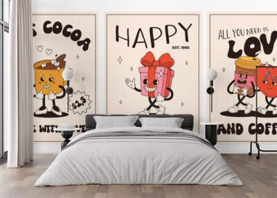 Valentine's Day set of vintage posters. Happy and cheerful retro mascots. Old animation 50s 60s 70s, groovy cartoon characters of coffee sweets and hearts, donut, cupcake, espresso, latte, present Wall mural