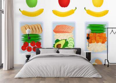 Vector illustration of meal preparation. Portion of food in container, snacks and fruits. Healthy lifestyle food. Meat rice and salad. Meal prep for a week. Wall mural