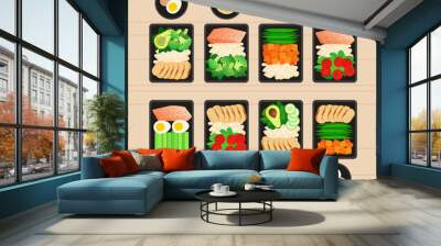 Vector illustration of meal preparation. Portion of food in container and snacks. Healthy lifestyle food. Meat rice and salad. Meal prep for a week. Wall mural