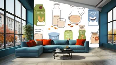 Vegan milk collection, milk alternatives with almond, coconut, oat, set of bottles, packs with plant based beverages, cashew drink icon, vector illustrations of natural non diary food with lettering Wall mural