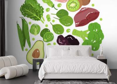 Vitamin k vector stock illustration. Food products with a high content of the vitamin k1 and k2. prunes, liver, pork chops, broccoli, green beans and peas, kale, spinach and brussels sprout. Wall mural