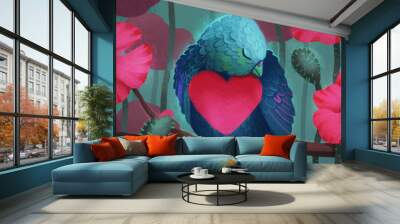 wide fantasy raster illustration with sleeping bird and poppy flowers. background with bluebird on a Wall mural