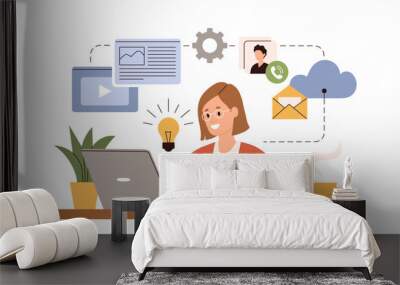 Working at home vector flat style illustration. Online career. Home office illustration. Young woman freelancer working on laptop or computer at home. Business woman at home in quarantine Wall mural