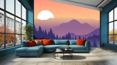 Beautiful sunset at mountains. Vector illustration Wall mural