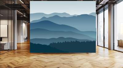 Blue mountains in the fog. Vector illustration. Wall mural