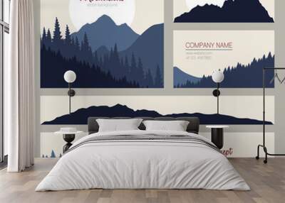 Outdoor cards design with mountains on background. Set of stylish business card templates. Nature identity design. Wall mural