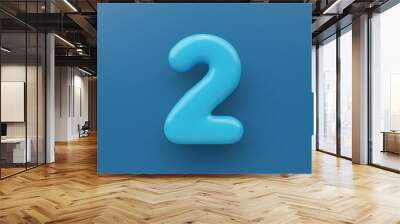 3D Blue number 2 with a glossy surface on a blue background . Wall mural