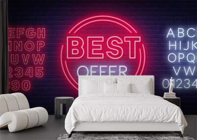 Best offer neon sign on dark background. Template for design with fonts. Vector illustration. Wall mural