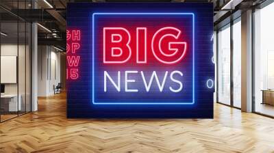 Big news neon sign on a dark background. Template for design with fonts. Wall mural