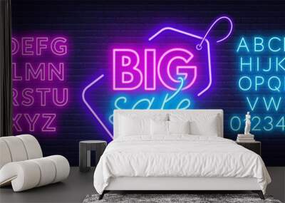 Big sale neon sign on brick wall background. Neon fonts. Vector illustration Wall mural