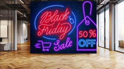 Black Friday neon lettering on brick wall background with the alphabet Wall mural