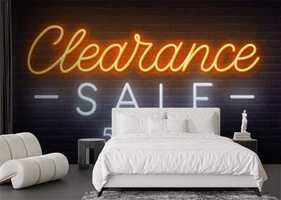 Clearance sale neon sign on dark background. Neon alphabet on a dark background. Template for design. Wall mural