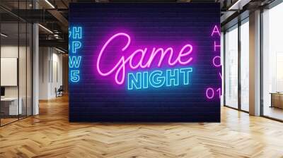 Game night neon sign on brick wall background. Neon blue and pink alphabet. Wall mural