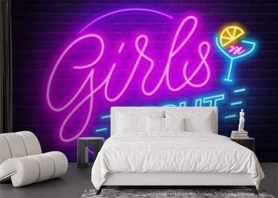 Girls Night out neon lettering on brick wall background. Wall mural