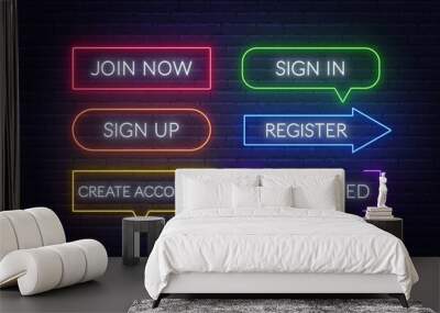 Join now, Sign in, Sign up, Register, Create account, Get started neon sign on a brick background. Multicolored glowing buttons. Vector illustration. Wall mural