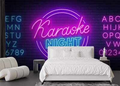 Karaoke night neon sign on brick wall background. Wall mural