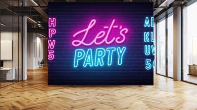 Let s Party neon sign on brick wall background. Wall mural