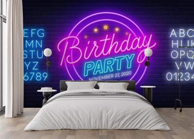 Neon sign birthday party on brick wall background. Invitation to the celebration. Template for design with fonts. Wall mural