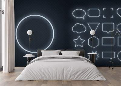 Set of white neon frames with soft glow on a transparent background. Speech bubble, square, circle, star, triangle, heart, hexagon and other glowing neon shapes on a dark background. Wall mural