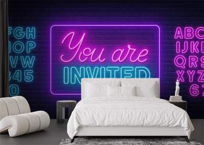 You are invited neon sign on brick wall background. Wall mural