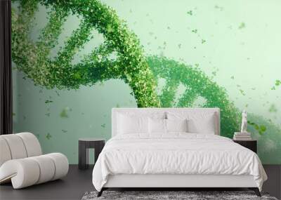 DNA double helix structure made of green leaves on a soft green background. Bioinformatics and green technology concept, eco-scientific design, environmental awareness Wall mural