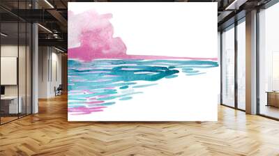 Watercolor tropical sea illustration. Waves sunset, sunrise background. Blue and pink abstract splashes, brushstrokes water texture.   Wall mural