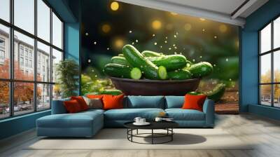 Cucumbers fresh organic vegetable on rustic wooden background. Generative AI Wall mural