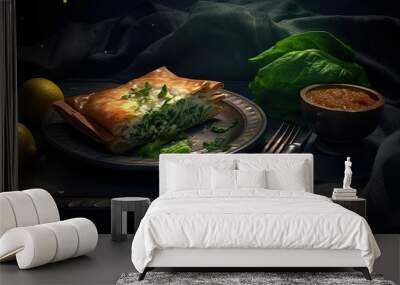 Greek spanakopita vegetarian meal on dark background. Generative AI Wall mural