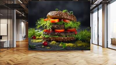 Lentil burgers vegetarian meal on dark background. Generative AI Wall mural