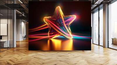 Neon star illustration. Background with futuristic best review element. Premium quality rating. Generative AI Wall mural