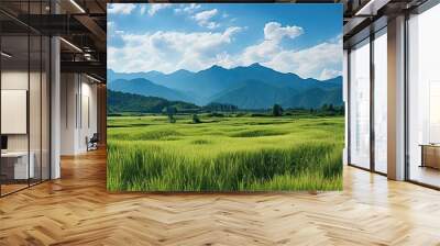 Panorama green rice field with mountain background. Agriculture environment illustration. Generative AI Wall mural