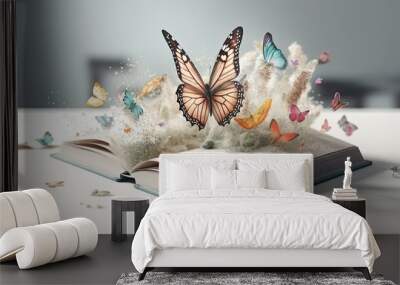 World book day with fairy butterflies. Open paper book with flying butterfly. Generative AI Wall mural