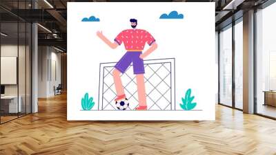  Character  playing football. Sportsmen in the park with ball. Men enjoying his hobbies, work, leisure. Vector illustration in flat cartoon style. Wall mural