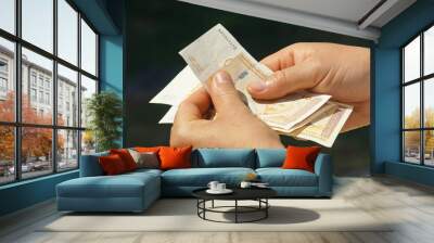 Man counting out paper money: male hands sorting through 10 and 100 Bosnian convertible mark banknotes. Traveler about to make a payment in the national currency of Bosnia and Herzegovina, close-up Wall mural