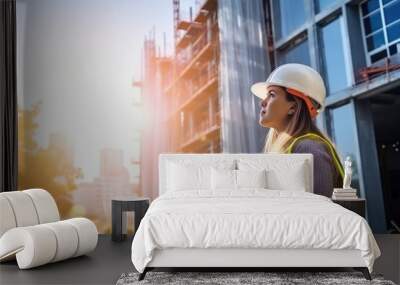 A young female engineer comes to view construction work with a building under construction in the background. Wall mural