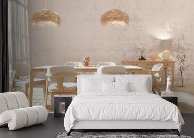 Interior of dining room with white texture cement wall and light entering the window.3d rendering Wall mural