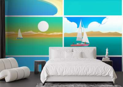 Big seascapes Set. 6 beautiful seascapes with a sailboat: at night and with moon, by day, evening and with different background: island, desert, sandy beach and jungle. Cartoon. Postcard. Poster. Wall mural