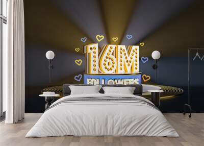 16 million followers celebration, thank you social media banner with spotlight gold background 3d render Wall mural