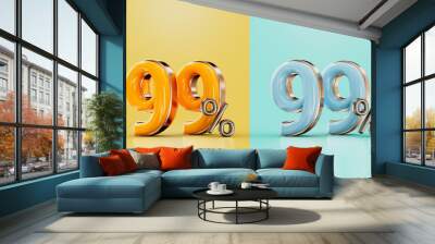 99 percent discount offer with two different glossy color orange and cyan 3d render concept Wall mural