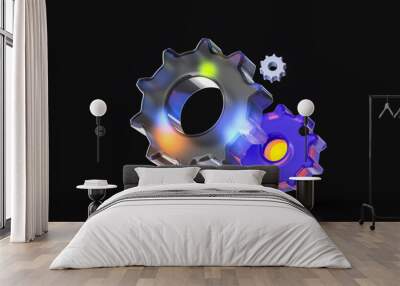 glass morphism gear setting icon with colorful gradient light on dark background 3d render concept Wall mural