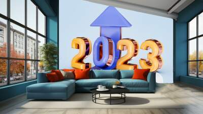 happy new year 2023 with up arrow golden and glass effect 3d render concept for aim goal in year  Wall mural