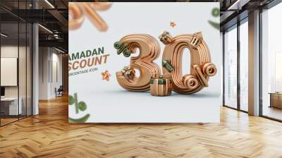 Ramadan and Eid sale banner template Discount 30 percent 3d render crescent moon, lantern gift box Wall mural