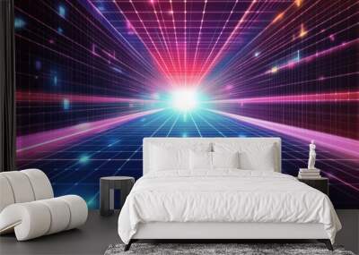 A vibrant, futuristic scene of glowing lines and particles radiating from a bright central point in a dark background. Wall mural