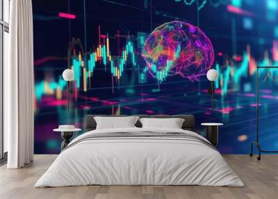 Colorful digital brain overlaid on a financial chart, symbolizing AI and data analysis in modern technology and finance. Wall mural