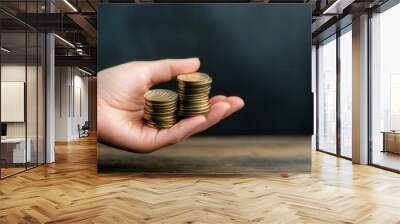 Hand holding stacks of gold coins on a wooden surface with a dark background, symbolizing wealth, savings or financial growth. Wall mural